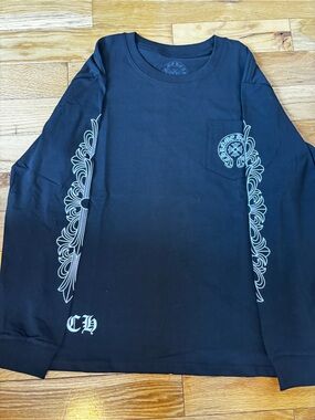 Chrome Hearts Black Long Sleeve Tee with White Graphic Sleeves